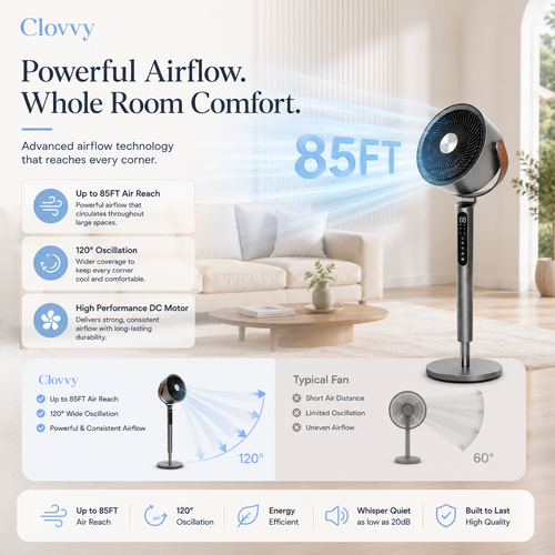Modern Standing Bedroom Fan, 85ft Air Circulator